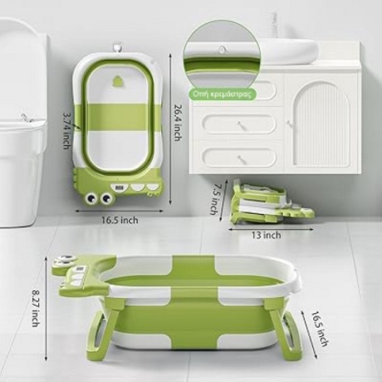 Giggles & Co. Μπανιέρα Μωρού Ταξιδιού Αναδιπλούμενη με Μαξιλαράκι & Θερμόμετρο, Αντιολισθητική Βάση (Green)