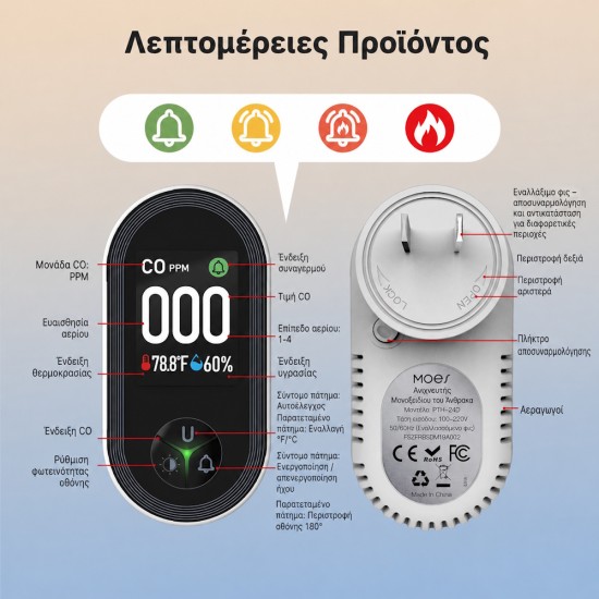 Ανιχνευτής Μονοξειδίου Άνθρακα Plug-In 3-σε-1 με Οθόνη HD