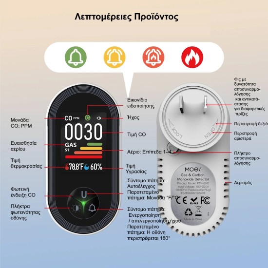 MOES Αυτόνομος Ανιχνευτής Μονοξειδίου & Φυσικού Αερίου Plug-In 4-σε-1 με Alarm