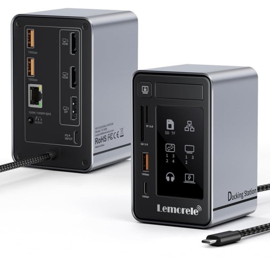 Lemorele TC1000 Docking Station 12-in-1 USB-C με 2×HDMI 4K@60Hz, DisplayPort & 100W PD Μαύρο