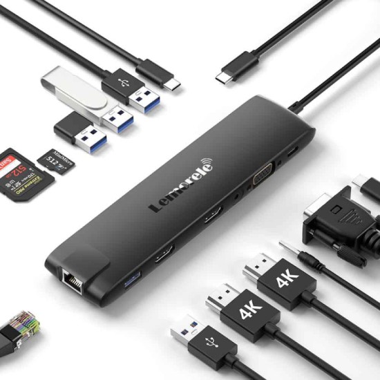 Lemorele TC96 Docking Station 13-σε-1 USB-C Hub 3 Οθονών (Dual 4K HDMI + VGA) Gigabit Ethernet, 4x USB & PD 100W SD & Audio– για Laptop, MacBook