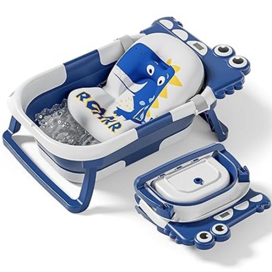 Giggles & Co. Αναδιπλούμενη Μπανιέρα Μωρού με Ενσωματωμένο Ψηφιακό Θερμόμετρο & Μαξιλαράκι (Dark Blue)