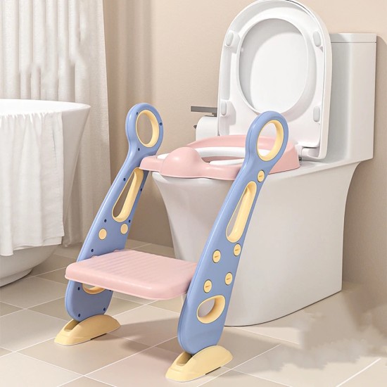 Giggles & Co. Αναδιπλούμενο Potty Training Toilet Seat με Σκαλοπάτι & Χερούλια, PU Μαξιλαράκι – (Ροζ/Μωβ)