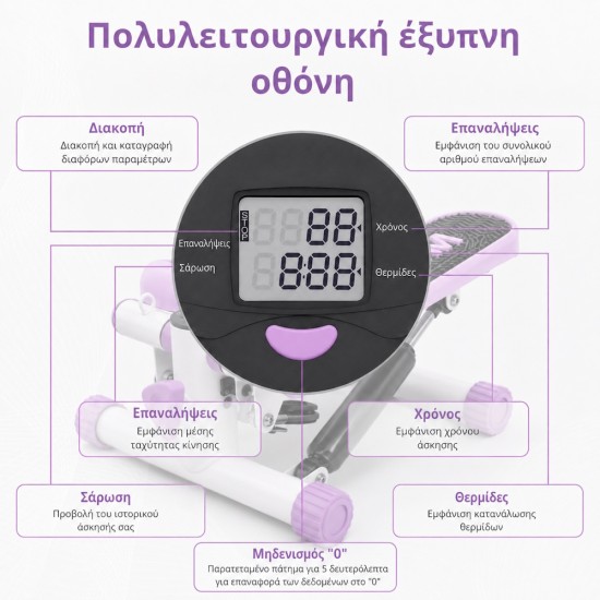 COOWOO CardioRise Stepper με Λάστιχα Εκγύμνασης & Οθόνη - Μωβ