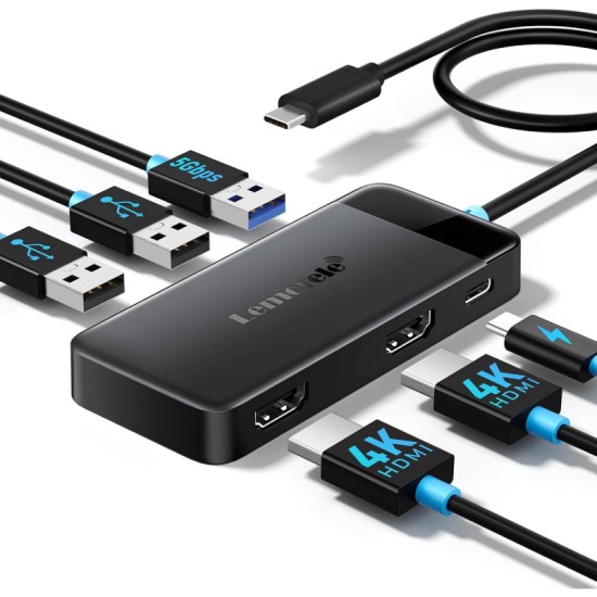 Lemorele TC122 USB-C Hub 6 σε 1 Docking Station με Dual HDMI 4K, 3x USB, PD 100W – Dual Monitor για Laptop / MacBook / Surface