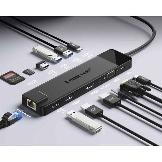 Lemorele TC100 Docking Station 13-σε-1 USB-C Hub με Dual 4K HDMI, VGA, PD 100W, Ethernet, SD/TF & Audio για Laptop / MacBook / Surface