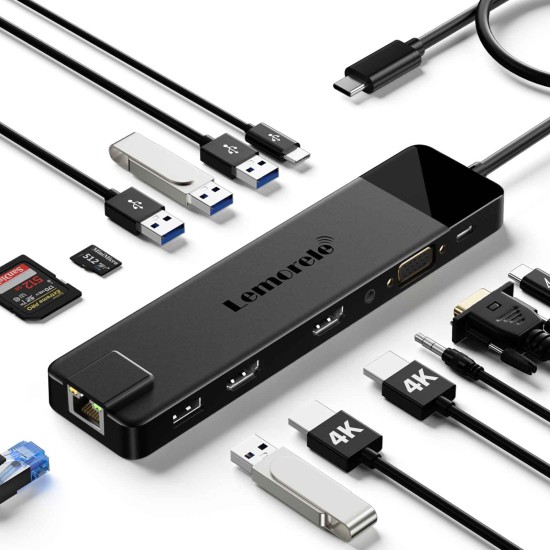 Lemorele TC100 Docking Station 13-σε-1 USB-C Hub με Dual 4K HDMI, VGA, PD 100W, Ethernet, SD/TF & Audio για Laptop / MacBook / Surface