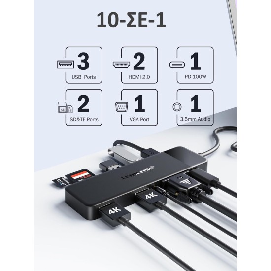 Lemorele TC94 Docking Station 10-σε-1 USB-C Hub με Triple Display (Dual HDMI + VGA), PD 100W, SD/TF & Audio για Laptop / MacBook / Surface