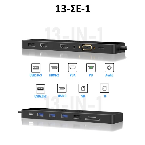 Lemorele TC200 Docking Station 13-σε-1 USB-C Hub για MacBook Pro / Air με Dual 4K HDMI, VGA, PD 100W, SD/TF & Audio Jack