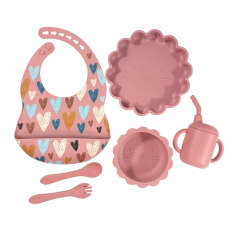 Giggles and Co. Βρεφικό Σετ Φαγητού Σιλικόνης 6τμχ BPA Free με Σαλιάρα, Μαχαιροπίρουνα & Ποτήρι με Καλαμάκι (Pink)