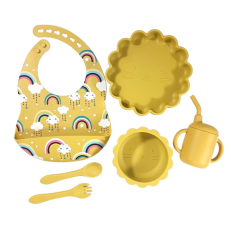 Giggles and Co. Βρεφικό Σετ Φαγητού Σιλικόνης 6τμχ BPA Free με Σαλιάρα, Μαχαιροπίρουνα & Ποτήρι με Καλαμάκι (Yellow)
